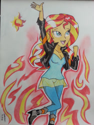 Size: 1536x2048 | Tagged: safe, artist:emichaca, sunset shimmer, equestria girls, breasts, cleavage, female, solo, traditional art