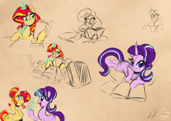 Size: 1500x1060 | Tagged: safe, artist:light262, starlight glimmer, sunset shimmer, pony, unicorn, book, cute, duo, feather, glimmerbetes, magic, open mouth, pen, shimmerbetes, signature, sketch, smiling, twilight's counterparts