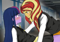 Size: 1142x788 | Tagged: safe, artist:angeltorchic, sunset shimmer, twilight sparkle, twilight sparkle (alicorn), alicorn, equestria girls, blushing, canterlot academia, clothes, female, hallway, lesbian, shipping, sunsetsparkle