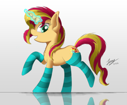 Size: 3000x2468 | Tagged: safe, artist:duskie-06, sunset shimmer, pony, unicorn, equestria girls, clothes, magic, reflection, socks, solo, striped socks