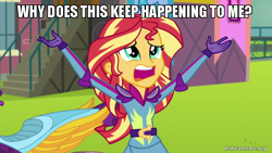 Size: 800x450 | Tagged: safe, edit, edited screencap, screencap, sunset shimmer, equestria girls, friendship games, arms in the air, caption, cute, image macro, meme, shimmerbetes, spongebob squarepants, wormy