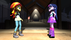 Size: 1920x1080 | Tagged: safe, artist:razethebeast, sunset shimmer, twilight sparkle, twilight sparkle (alicorn), alicorn, equestria girls, 3d, clothes, disappointed, duo, leather jacket, skirt, source filmmaker