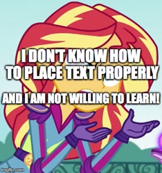 Size: 365x390 | Tagged: safe, edit, edited screencap, screencap, sunset shimmer, equestria girls, friendship games, caption, exploitable meme, image macro, meme, solo, sunset is not willing to learn