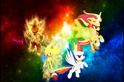 Size: 900x600 | Tagged: safe, artist:trungtranhaitrung, rainbow dash, sunset shimmer, alicorn, pony, equestria girls, alicornified, colored, crossover, daydream shimmer, race swap, shimmercorn, sonic the hedgehog, sonic the hedgehog (series), space, super rainbow dash, super shadow, super sonic