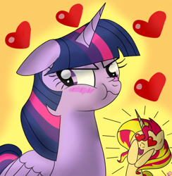 Size: 500x512 | Tagged: safe, artist:rainb00ms, sunset shimmer, twilight sparkle, twilight sparkle (alicorn), alicorn, pony, blushing, female, heart eyes, lesbian, shipping, sunsetsparkle, wingding eyes