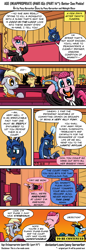 Size: 975x2841 | Tagged: safe, artist:pony-berserker, derpy hooves, pinkie pie, princess luna, oc, oc:southern comfort, alicorn, earth pony, pegasus, pony, unicorn, comic:age (in)appropriate, comic, crying, derp, gavel, harvey birdman, insanity, lawyer, magic, silhouette