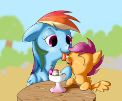 Size: 1500x1250 | Tagged: safe, artist:shoroch, rainbow dash, scootaloo, pegasus, pony, female, filly, food, ice cream, licking, mare, scootalove, tongue out