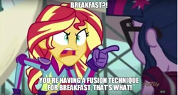 Size: 1280x687 | Tagged: safe, edit, edited screencap, screencap, sci-twi, sunset shimmer, twilight sparkle, equestria girls, caption, dragon ball z, fusion, image macro, meme, sunset yells at twilight