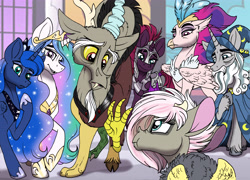 Size: 6148x4428 | Tagged: safe, artist:celestial-rainstorm, discord, princess luna, queen novo, star swirl the bearded, tempest shadow, oc, oc:athena, alicorn, classical hippogriff, hippogriff, hybrid, pony, my little pony: the movie, absurd resolution, armor, interspecies offspring, offspring, parent:discord, parent:fluttershy, parents:discoshy, story included