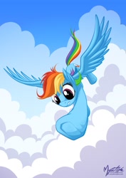 Size: 955x1351 | Tagged: safe, artist:mysticalpha, rainbow dash, pegasus, pony, flying, solo, spread wings, underhoof