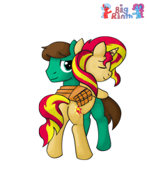 Size: 2543x3011 | Tagged: safe, artist:bigrinth, sunset shimmer, oc, pony, unicorn, canon x oc, female, hug, male, shipping, straight