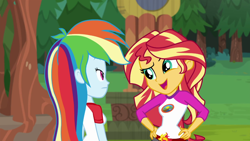 Size: 1280x720 | Tagged: safe, screencap, rainbow dash, sunset shimmer, equestria girls, legend of everfree, talking