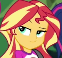 Size: 309x286 | Tagged: safe, screencap, sci-twi, sunset shimmer, twilight sparkle, equestria girls, legend of everfree, offscreen character, smug, smugset shimmer