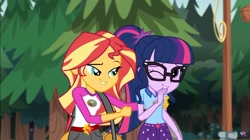 Size: 1281x719 | Tagged: safe, screencap, sci-twi, sunset shimmer, twilight sparkle, equestria girls, legend of everfree, ponytail