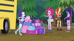 Size: 1280x720 | Tagged: safe, screencap, pinkie pie, rarity, sci-twi, sunset shimmer, twilight sparkle, equestria girls, legend of everfree, bus, clothes, converse, luggage, ponytail, shoes, sneakers