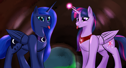 Size: 3840x2077 | Tagged: safe, artist:renarde-louve, princess luna, twilight sparkle, twilight sparkle (alicorn), alicorn, pony, :p, description is relevant, female, glowing horn, lesbian, peytral, shipping, silly, tongue out, twiluna