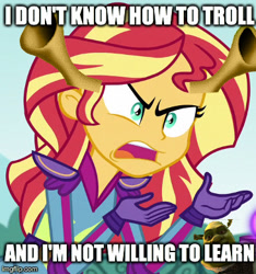 Size: 365x390 | Tagged: safe, edit, edited screencap, screencap, sunset shimmer, ogre, equestria girls, friendship games, caption, exploitable meme, image macro, meme, shrek, sid, sunset is not willing to learn