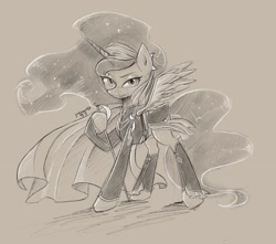 Size: 2500x2211 | Tagged: safe, artist:yuntaoxd, princess luna, alicorn, pony, belt, cape, cloak, clothes, looking at you, monochrome, solo, sword, weapon