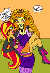 Size: 800x1171 | Tagged: safe, artist:chiisuchii, artist:ktd1993, edit, adagio dazzle, sunset shimmer, equestria girls, rainbow rocks, adagiazonga dazzle, blushing, breasts, bridal carry, carrying, cleavage, colored, comic, female, hug, humanized, lesbian, shipping, sunsagio, sweat