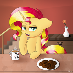 Size: 1500x1500 | Tagged: safe, artist:spirit-dude, sunset shimmer, pony, unicorn, coffee, coffee mug, cookie, food, morning ponies, open mouth, plate, signature, solo, yawn