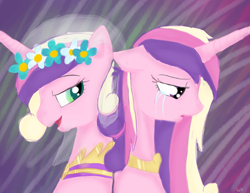 Size: 900x696 | Tagged: artist needed, source needed, safe, princess cadance, queen chrysalis, alicorn, changeling, changeling queen, pony, crying, disguise, disguised changeling, duality, fake cadance, female, jewelry, mare, self ponidox, signature, wedding veil