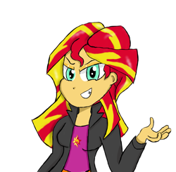 Size: 1359x1332 | Tagged: safe, artist:mildockart, sunset shimmer, equestria girls, evil grin, looking at you, simple background, solo