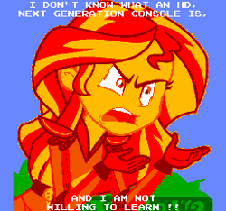 Size: 256x240 | Tagged: safe, edit, edited screencap, screencap, sunset shimmer, equestria girls, friendship games, 8-bit, caption, exploitable meme, image macro, meme, nintendo entertainment system, small resolution, sunset is not willing to learn