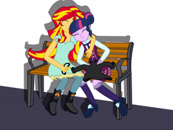 Size: 16000x12000 | Tagged: safe, artist:evil-sparkle, sci-twi, sunset shimmer, twilight sparkle, equestria girls, friendship games, absurd resolution, bench, clothes, crystal prep academy, crystal prep academy uniform, crystal prep shadowbolts, eyes closed, female, glasses, high heel boots, high heels, hug, leather jacket, lesbian, necktie, school uniform, scitwishimmer, shipping, sitting, sunsetsparkle