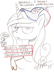 Size: 1256x1657 | Tagged: safe, artist:andypriceart, edit, editor:dsp2003, princess cadance, queen chrysalis, alicorn, changeling, changeling queen, pony, annoyed, cadance's pizza delivery, comic, commission, female, food, futurama, hat, hoof hold, mare, open mouth, pizza, simple background, single panel, speech bubble, traditional art, white background