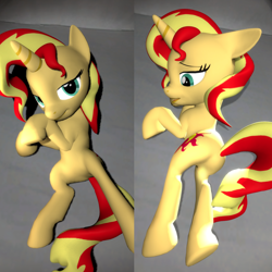 Size: 1920x1920 | Tagged: safe, artist:lukewop, sunset shimmer, pony, unicorn, 3d, bedroom eyes, body pillow, body pillow design, female, gmod, looking at you, on back, on bed, plot, solo, sultry pose