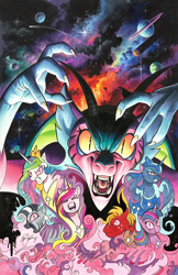 Size: 1236x1913 | Tagged: safe, artist:andypriceart, artist:katiecandraw, edit, editor:dsp2003, idw, big macintosh, cosmos (character), princess cadance, princess celestia, princess luna, rainbow dash, twilight sparkle, alicorn, chimera, draconequus, earth pony, pegasus, pony, zebra, cloud, comic, evil laugh, female, mare, painting, pink, possessed, puppeteer, traditional art