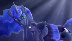 Size: 1400x809 | Tagged: safe, artist:bijutsuyoukai, princess luna, oc, oc:black lotus, alicorn, pony, female, filly, mother and child, mother and daughter, night, offspring, parent and child, parent:king sombra, parent:princess luna, parents:lumbra