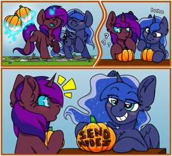 Size: 2260x2060 | Tagged: safe, artist:spoopygander, princess luna, oc, oc:feiya waull, alicorn, pony, unicorn, chest fluff, comic, cute, ear fluff, halloween, holiday, implied canon x oc, implied lesbian, implied shipping, levitation, magic, meme, multicolored mane, pumpkin, telekinesis