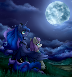 Size: 2250x2400 | Tagged: safe, artist:vird-gi, maud pie, princess luna, alicorn, earth pony, pony, crying, duo, duo female, fanfic art, female, full moon, mare, moon, night, tears of joy