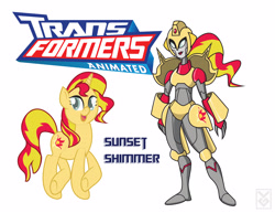 Size: 3300x2550 | Tagged: safe, artist:inspectornills, sunset shimmer, pony, robot, unicorn, crossover, simple background, transformares, transformers, transformers animated, white background