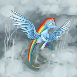 Size: 2000x2000 | Tagged: safe, artist:xenon, rainbow dash, pegasus, pony, blue coat, female, flying, mare, multicolored mane, solo