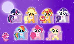 Size: 2488x1496 | Tagged: safe, artist:alberbrony, derpibooru import, applejack, fluttershy, pinkie pie, rainbow dash, rarity, sunset shimmer, twilight sparkle, earth pony, pegasus, pony, unicorn, chibi, floppy ears, mane six, mouth hold