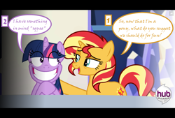 Size: 1366x924 | Tagged: safe, artist:alberbrony, sunset shimmer, twilight sparkle, pony, unicorn, bangs, big grin, female, grin, hair over eyes, hub logo, implied sunsetsparkle, lesbian, lol, mare, ponified, shipping, smiling, squee, teeth, wide eyes