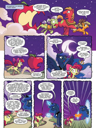 Size: 768x1024 | Tagged: safe, artist:tonyfleecs, idw, apple bloom, applejack, big macintosh, granny smith, princess luna, alicorn, earth pony, pony, nightmare knights, spoiler:comic, spoiler:comicnightmareknights01, apple, apple family, bad dream, comic, crescent moon, dream walker luna, female, filly, foal, food, giant apple, male, mare, moon, night, official comic, preview, stallion