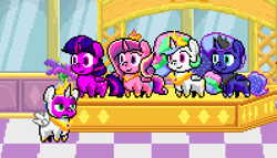 Size: 596x341 | Tagged: safe, artist:sonicboy112, princess cadance, princess celestia, princess luna, twilight sparkle, twilight sparkle (alicorn), alicorn, pony, alicorn costume, alicorn tetrarchy, costume, game:spike's time off, jewelry, not amused face, pixel art, regalia, smiling