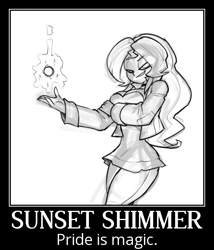 Size: 556x651 | Tagged: safe, artist:bigdad, edit, sunset shimmer, equestria girls, monochrome, motivational poster, solo