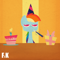 Size: 1600x1600 | Tagged: safe, artist:fluttershythekind, rainbow dash, pegasus, pony, cake, hat, party, party hat, solo, unamused