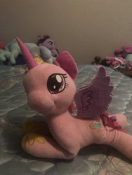 Size: 3024x4032 | Tagged: safe, artist:undeadponysoldier, photographer:undeadponysoldier, lyra heartstrings, princess cadance, rainbow dash, twilight sparkle, twilight sparkle (alicorn), oc, oc:mane event, alicorn, pony, bed, crown, cute, female, irl, jewelry, lying down, mare, photo, plushie, regalia