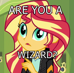 Size: 604x596 | Tagged: safe, edit, edited screencap, screencap, sunset shimmer, equestria girls, friendship games, are you a wizard, canterlot high, caption, clothes, cropped, derp, faic, image macro, lockers, meme, text, text edit