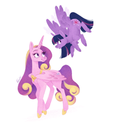 Size: 1280x1425 | Tagged: safe, artist:natashafenik, princess cadance, twilight sparkle, twilight sparkle (alicorn), alicorn, pony, cutie mark, duo, female, flying, long mane, mare, missing accessory, simple background, sisters-in-law, smiling, white background