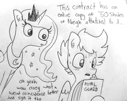 Size: 1280x1019 | Tagged: safe, artist:tjpones, princess luna, alicorn, pegasus, pony, blushing, clipboard, contract, dialogue, ear fluff, female, lineart, male, mare, monochrome, royal guard, simple background, sketch, stallion, sweatdrop, traditional art, white background