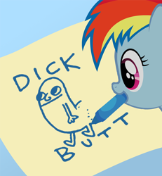 Size: 600x650 | Tagged: safe, edit, rainbow dash, pegasus, pony, blue coat, dickbutt, female, mare, multicolored mane, solo, vulgar