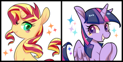 Size: 930x470 | Tagged: safe, artist:phyllismi, sunset shimmer, twilight sparkle, twilight sparkle (alicorn), alicorn, pony, unicorn, grin, smiling