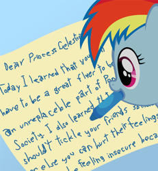 Size: 600x650 | Tagged: safe, rainbow dash, pegasus, pony, cute, dashabetes, exploitable meme, friendship report, letter, meme, misspelling, rainbow's letter, solo