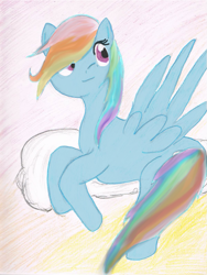 Size: 1013x1348 | Tagged: safe, artist:zukolovesme, rainbow dash, pegasus, pony, blue coat, blue wings, cloud, female, looking back, mare, multicolored mane, multicolored tail, prone, smiling, solo, spread wings, traditional art, wings